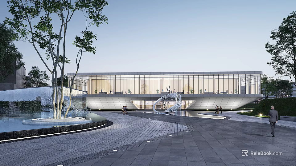 Modern Building Exterior With Glass Curtain Wall Paved Square Art Sculpture Water Feature And Trees 3d model 