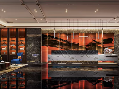 Modern Hotel Lobby Interior With Marble Reception Desk Artistic Wall And Chandelier 3d model