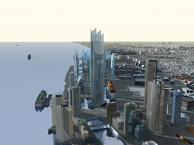 Scenic Waterfront Commercial Complex With Modern Tall Buildings And Urban View 3d model