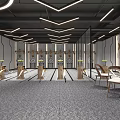 Contemporary Fitness Gym With Glass Partitioned Workout Areas Geometric Lighting And Plant Decorated Rest Zones