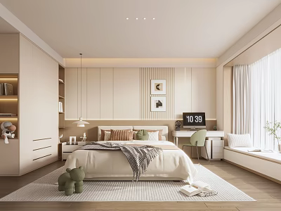 Modern Bedroom Interior Design With Cozy Bed Desk Chair Framed Wall Art And Large Window 3d model