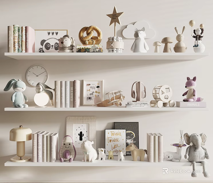 Stylish Shelf Display Decorative Ornament Collection With Books Figurines Clock Frames Star Rabbit And Elephant 3d model 