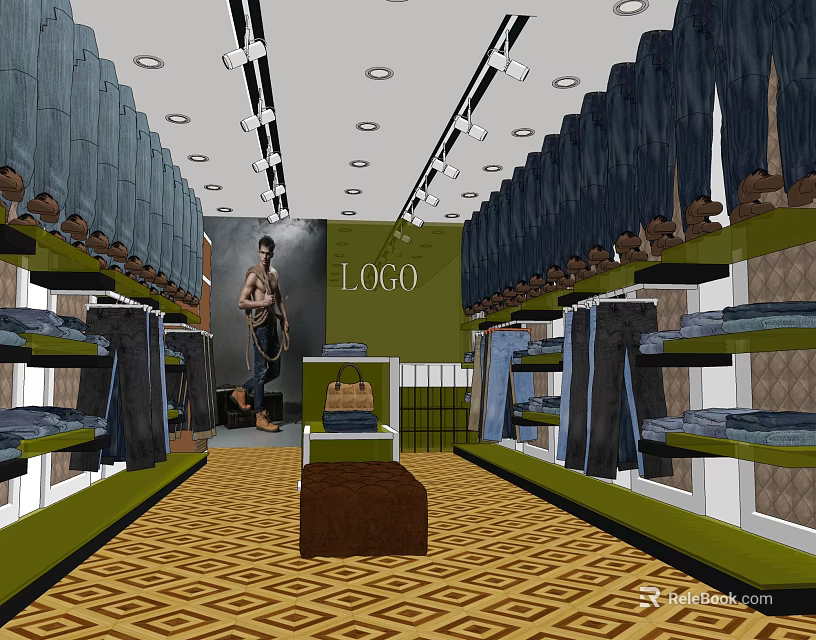 Fashionable Clothing Store Interior With Displayed Jeans Shelves Mannequin And Patterned Flooring 3d model 