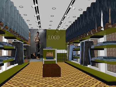 Fashionable Clothing Store Interior With Displayed Jeans Shelves Mannequin And Patterned Flooring 3d model