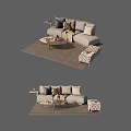 Modern Beige Sofa and Coffee Table Set With Pillows Rug and Side Table 3d model