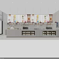Modern Restaurant Interior With Large Menu Board Service Counter Shelves And Hanging Lights