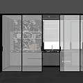 Sliding Glass Doors With Modern Black Frame And Pattern For Kitchen Interior 3d model