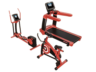 Red And Black Home Gym Equipment Set With Treadmill Exercise Bike And Display Screens 3d model