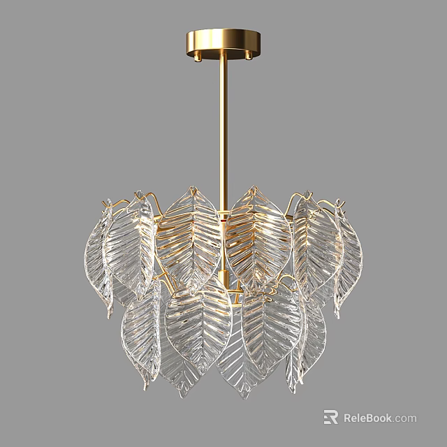 Elegant Leaf Shaped Chandelier With Transparent Glass And Golden Metal Frame Design 3d model 