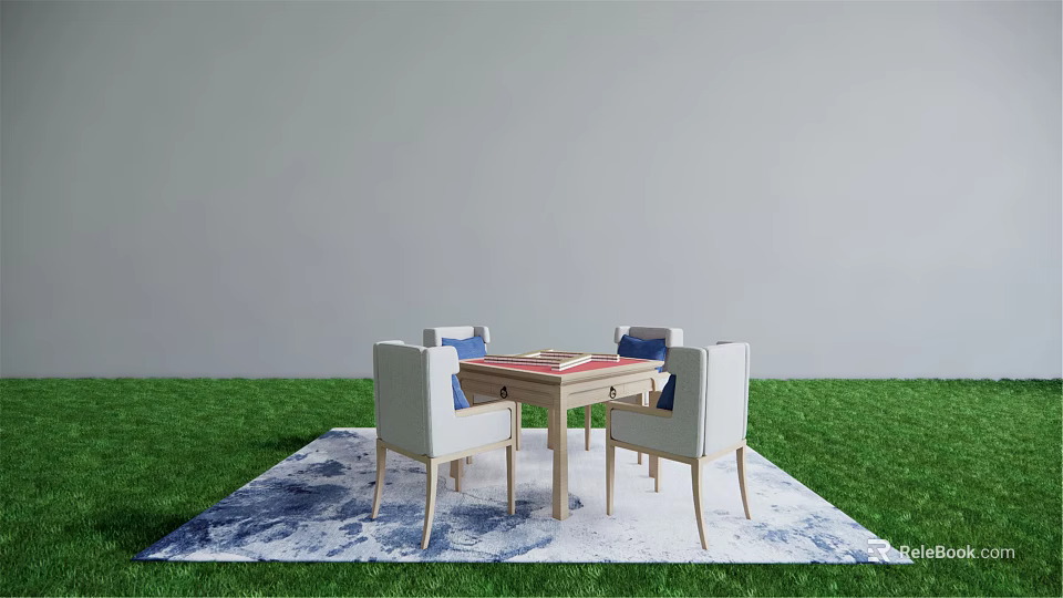 Outdoor Entertainment Table with Board Game Four Chairs on Grass and Blue White Rug 3d model 