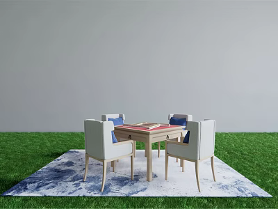 Outdoor Entertainment Table with Board Game Four Chairs on Grass and Blue White Rug 3d model