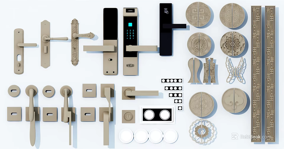 Various Door Handles With Smart Lock Features And Decorative Design Elements For Home 3d model