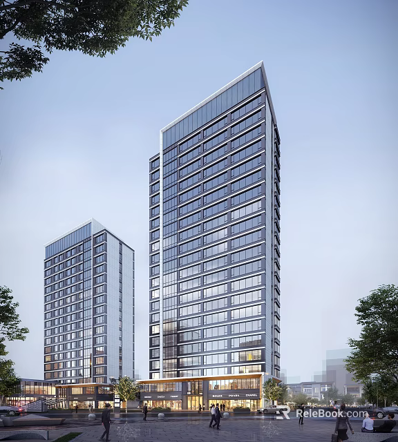 Modern High Rise Office Building Exterior Featuring Glass Curtain Wall And Trees 3d model 