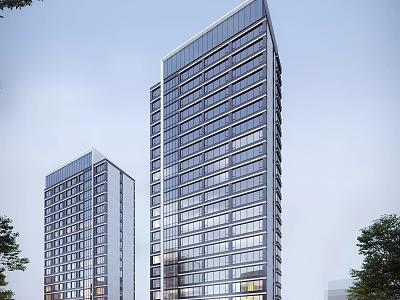Modern High Rise Office Building Exterior Featuring Glass Curtain Wall And Trees 3d model