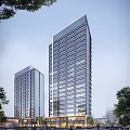 Modern High Rise Office Building Exterior Featuring Glass Curtain Wall And Trees