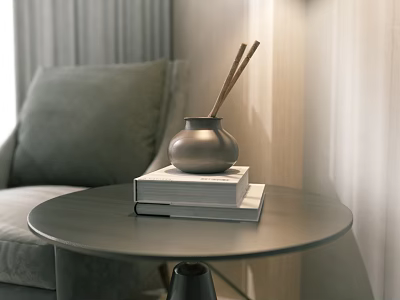 Decorative Ornament Set Featuring Silver Vase Incense Sticks On Books Round Side Table Gray Sofa 3d model