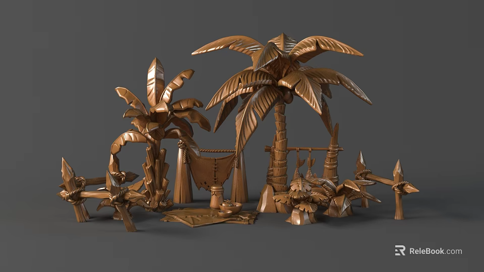 Copper Palm Tree And Banana Tree Plant Sculptures For Decorative Carving Art 3d model 