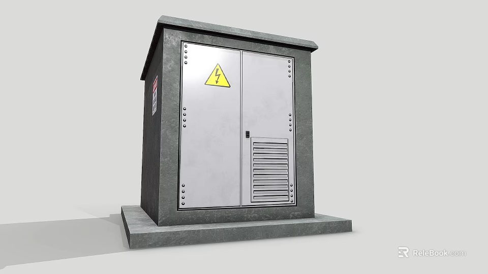 Industrial Metal Enclosure With Grey Double Doors Yellow Warning Sign Ventilation Louvers And Concrete Base 3d model 