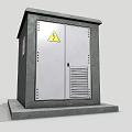 Industrial Metal Enclosure With Grey Double Doors Yellow Warning Sign Ventilation Louvers And Concrete Base