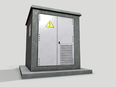Industrial Metal Enclosure With Grey Double Doors Yellow Warning Sign Ventilation Louvers And Concrete Base 3d model