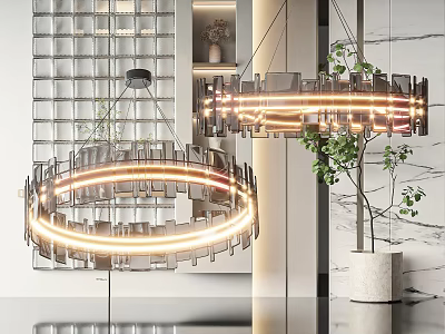 Modern Circular Chandelier With Illuminated Rings In Contemporary Interior With Grid Wall And Potted Plant 3d model