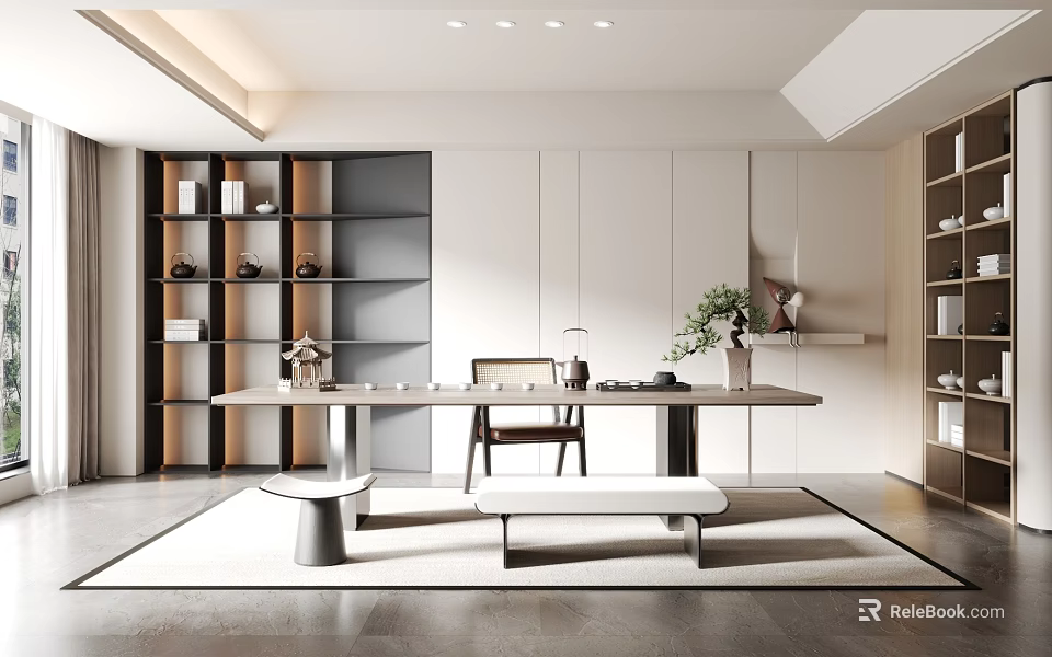 Serene Modern Tea Room Interior With Wooden Tea Table Chairs Bookshelves And Potted Plant 3d model 
