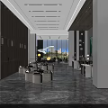 Modern Sales Office Interior Featuring Hanging Whale Sculptures Large Windows City View and Marble Floor