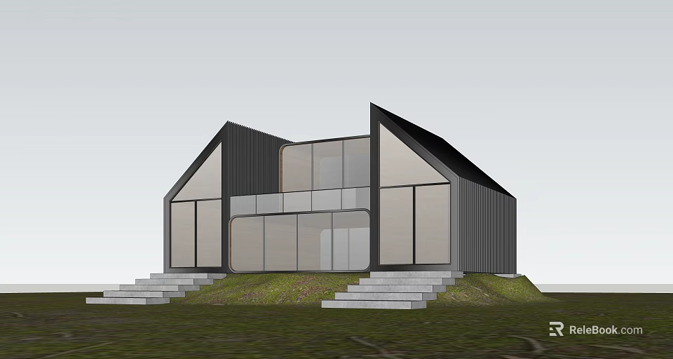 Modern Single-family House With Sloped Roof Large Glass Windows Stone Steps And Grass Lawn 3d model 