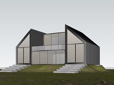 Modern Single-family House With Sloped Roof Large Glass Windows Stone Steps And Grass Lawn 3d model