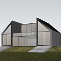 Modern Single-family House With Sloped Roof Large Glass Windows Stone Steps And Grass Lawn