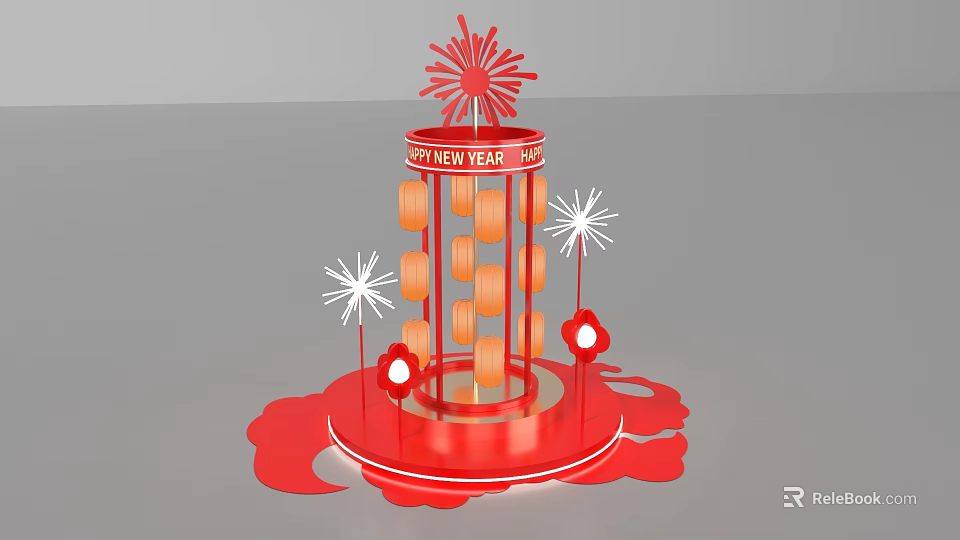 Happy New Year Photo Spot with Red Fireworks Lanterns and Decorations 3d model 