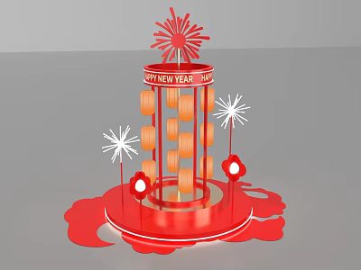 Happy New Year Photo Spot with Red Fireworks Lanterns and Decorations 3d model