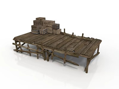 Rustic Wooden Platform Structure Featuring Weathered Planks And Stacked Crates On Top 3d model