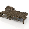 Rustic Wooden Platform Structure Featuring Weathered Planks And Stacked Crates On Top 3d model