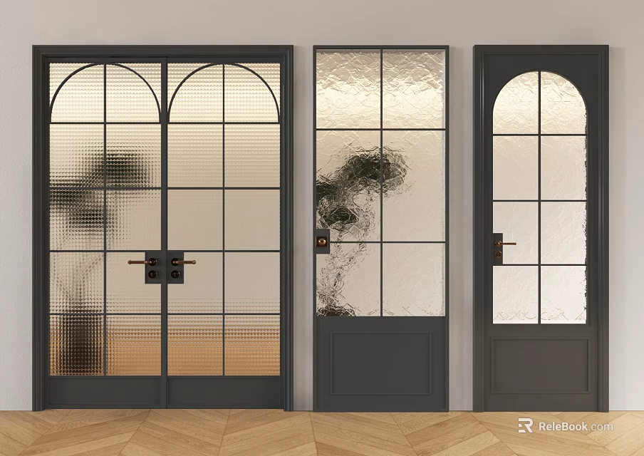 Modern Glass Swing Doors With Black Frame And Grid Design For Interior 3d model 