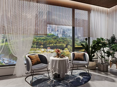 Single Chairs by Window with City Green Scenery Round Table Plants and Curtains 3d model