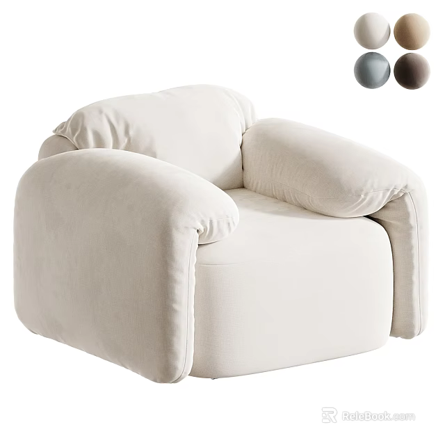 Creamy White Plush Single Sofa with Rounded Arms and Light Grey Brown Color Options 3d model 
