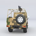 Military Style Utility Vehicle With Camouflage Paint Roof Mounted Machine Gun And Off Road Capabilities