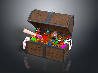 Wooden Storage Chest Filled With Colorful Gemstones Pearl Necklaces And Gold Coins 3d model