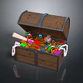 Wooden Storage Chest Filled With Colorful Gemstones Pearl Necklaces And Gold Coins