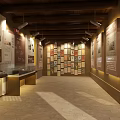 Vintage Exhibition Hall Interior with Black and White Photos Wooden Display Cases and Spotlights