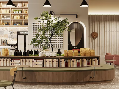 Cozy Modern Café Interior With Bookshelves Green Plant Counter Seating And Pendant Lights 3d model