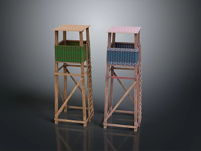 Scenic Outdoor View Featuring Two Wooden Towers With Green Pink Tops And Ladders On Dark Background 3d model