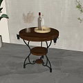 Round Wooden Coffee Table With Metal Frame Shelf Storage And Decorative Wine Bottle Pampas Grass
