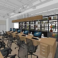 Modern Public Office Space With Open Workstations Sofa Seating And Pendant Lights 3d model