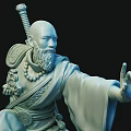 Detailed Monk Sculpture With Sword Kneeling Robed Figure Hand Gesture Circular Base
