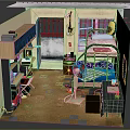 Cartoon Room Scene With Bunk Bed Desk Bookshelf Fan And Wooden Floor