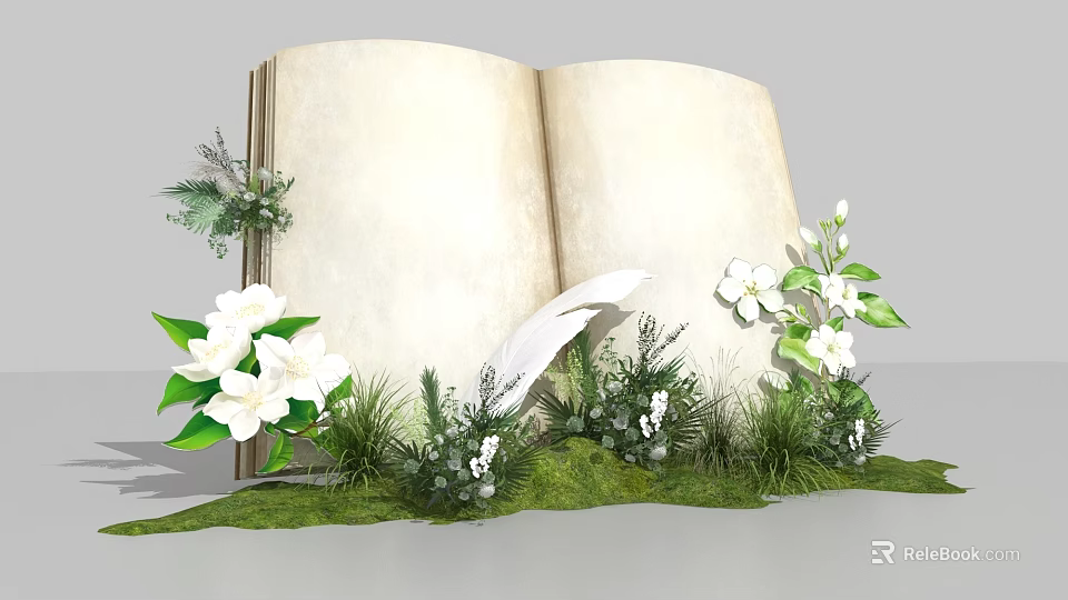 Vintage Open Book Photo Spot With White Flowers Green Plants And Feather 3d model 