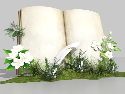 Vintage Open Book Photo Spot With White Flowers Green Plants And Feather 3d model