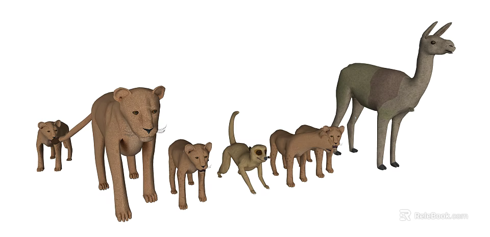 Light Brown Lion Models in Different Sizes Against White Background 3d model 